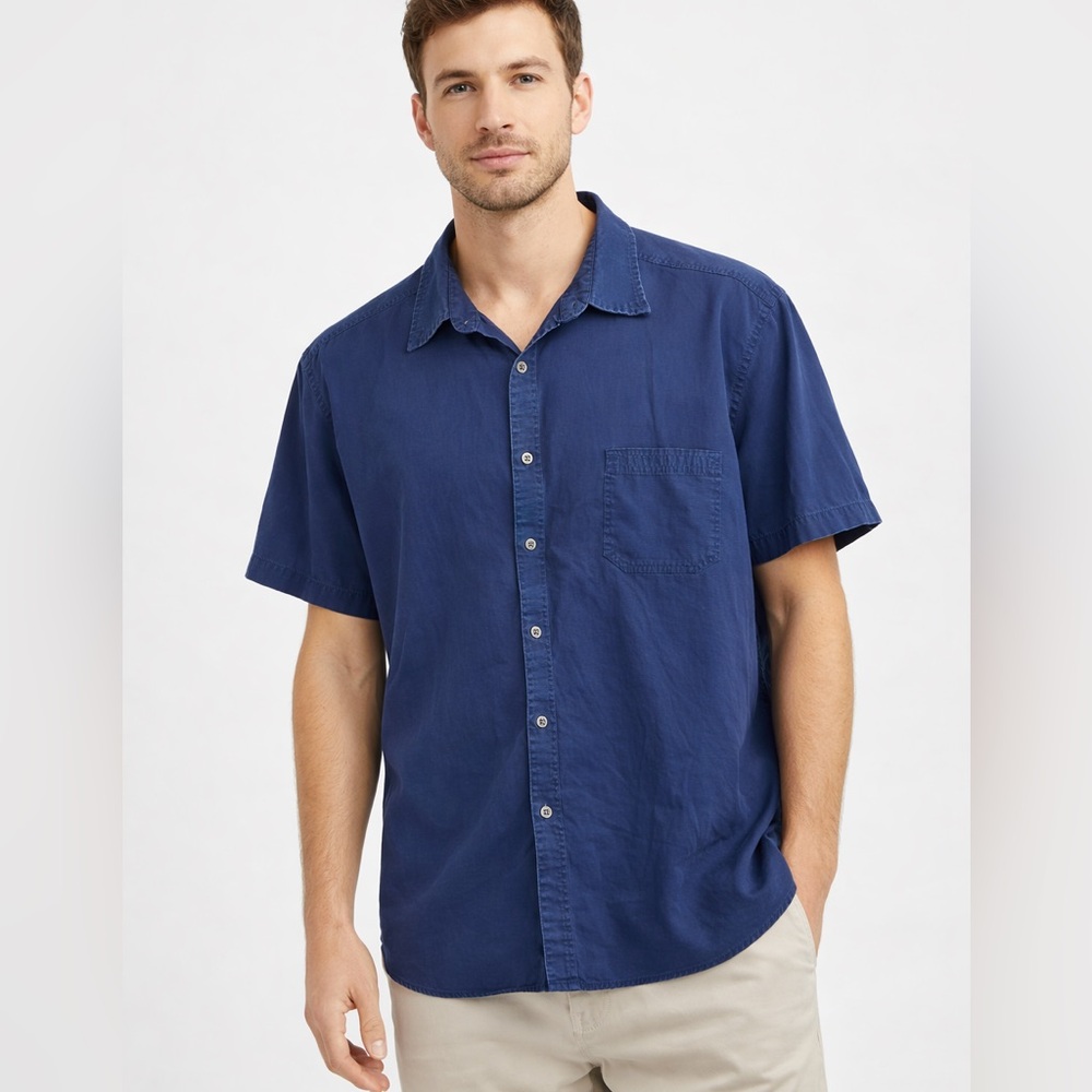 ROWM Navy Blue Textured Cotton Button Down Shirt 4XB Short Sleeve Pocket